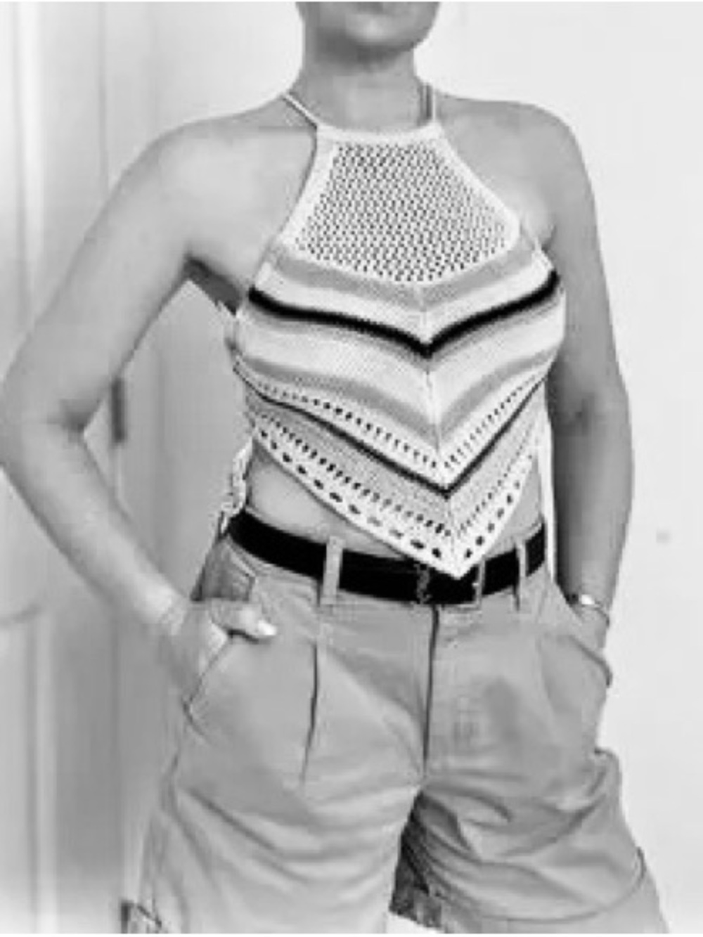 NWT Love Knits NYC Striped Crochet Halter Crop Top in Black with Pastel Stripes